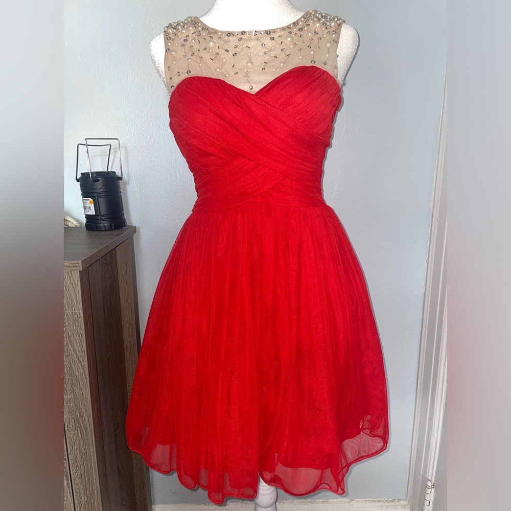 Red Sweetheart Dress with Sheer Illusion Neckline